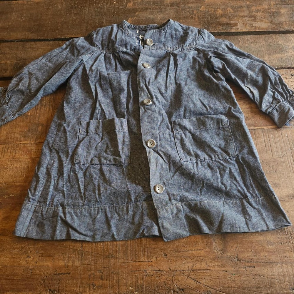 Blue Denim Button Up Smock Shirt w Pockets Petite 1930s Vintage Distressed 30s